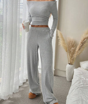 Dames Ribgebreide Set: Losvallende Top met Wijde Broek
