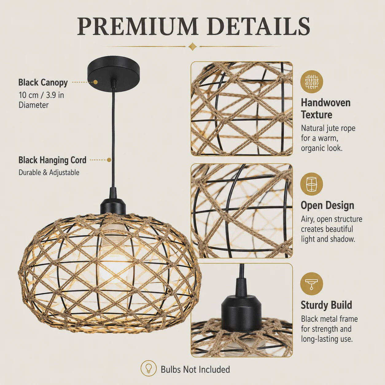 Rustieke Jute Touw Hanglamp - Boho Stijl Verlichting voor Keuken, Eetkamer & Slaapkamer