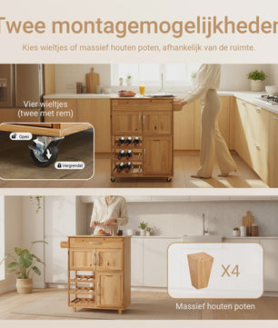 SoBuy FKW45 Keukentrolley met Werkblad - Massief Hout, Serveerwagen met Wielen - 75x86x38cm