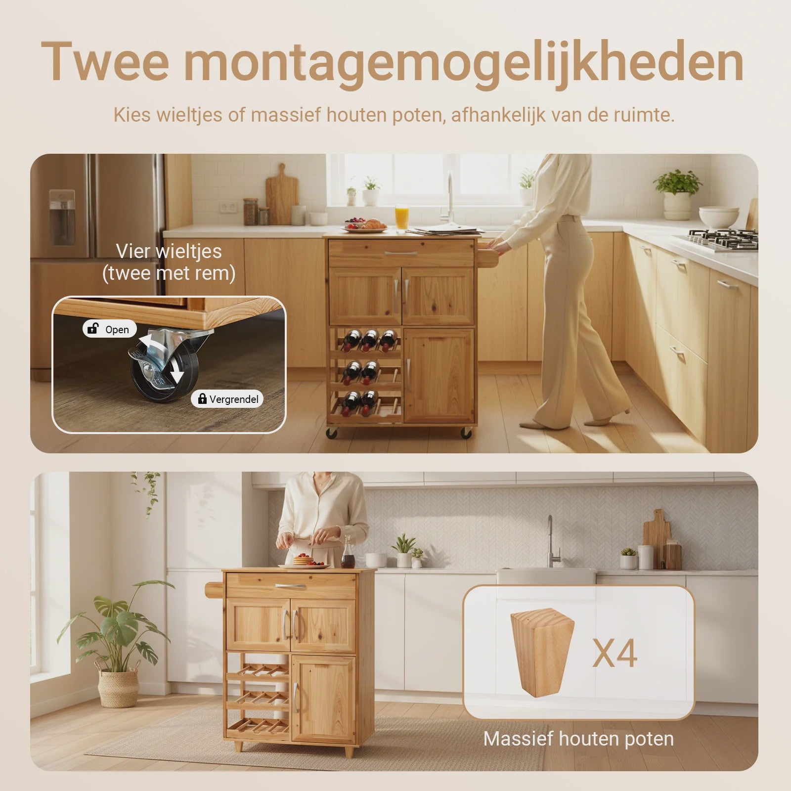SoBuy FKW45 Keukentrolley met Werkblad - Massief Hout, Serveerwagen met Wielen - 75x86x38cm