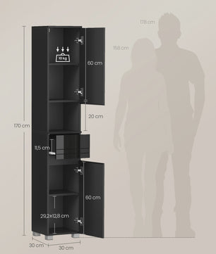 VASAGLE Hoge Badkamerkast met Lade, Open Vak en Verstelbare Planken - 30x30x170 cm
