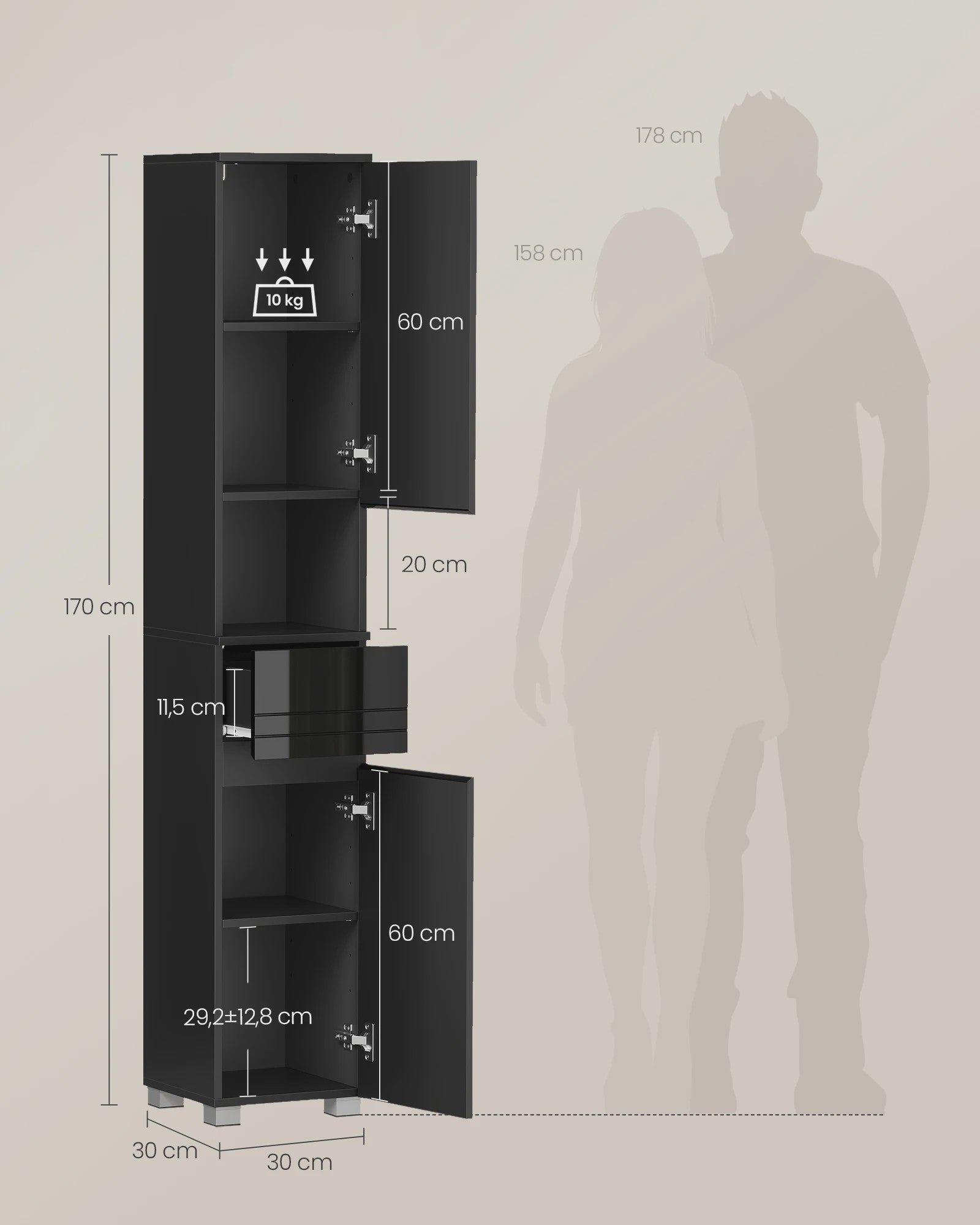 VASAGLE Hoge Badkamerkast met Lade, Open Vak en Verstelbare Planken - 30x30x170 cm