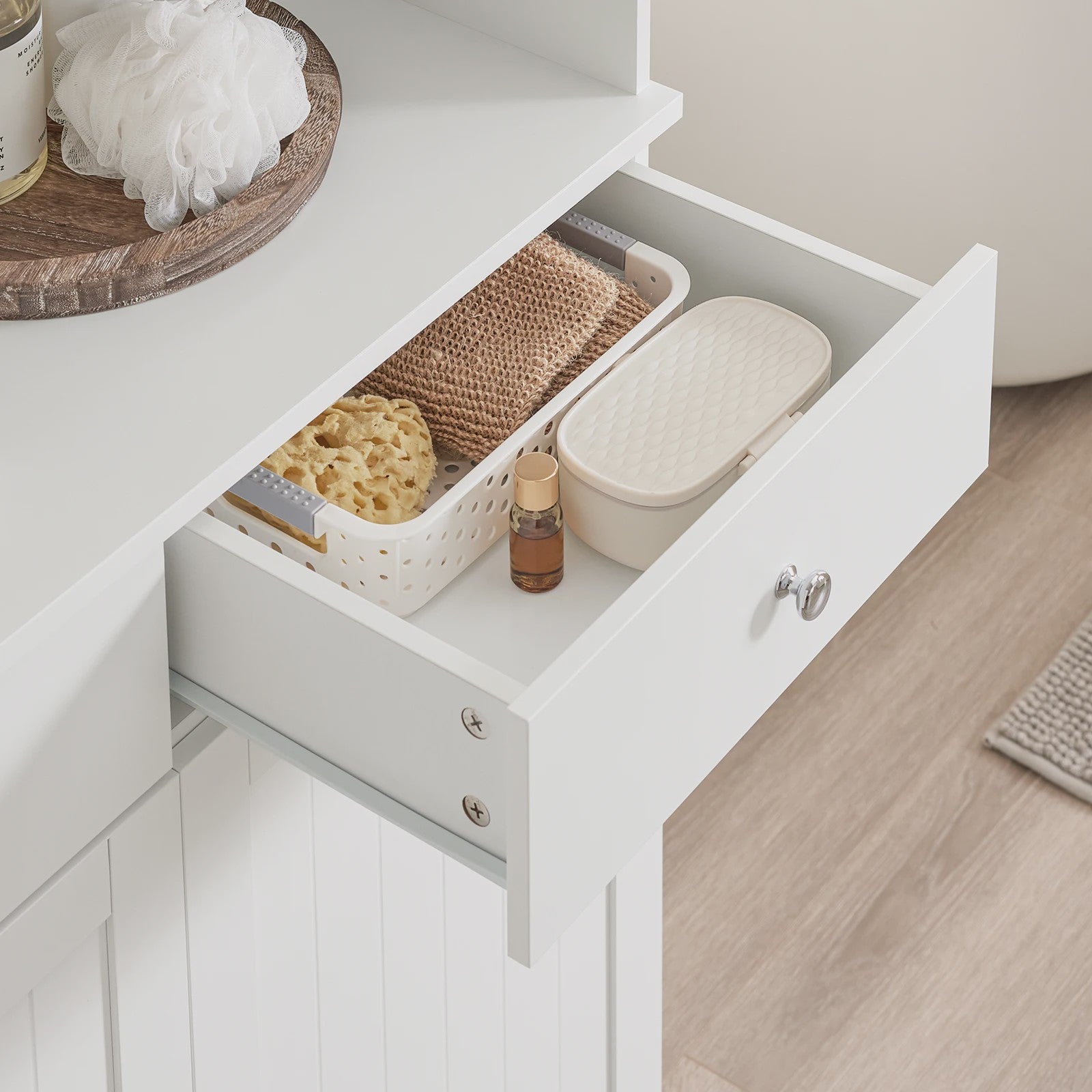 SoBuy BZR215-W Hoge Badkamerkast met 2 Wasmanden, 2 Lades & Open Vak - 78x38x181cm