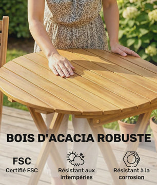 Outsunny 3-delige Inklapbare Bisterset van Acaciahout met Ronde Tafel en 2 Stoelen