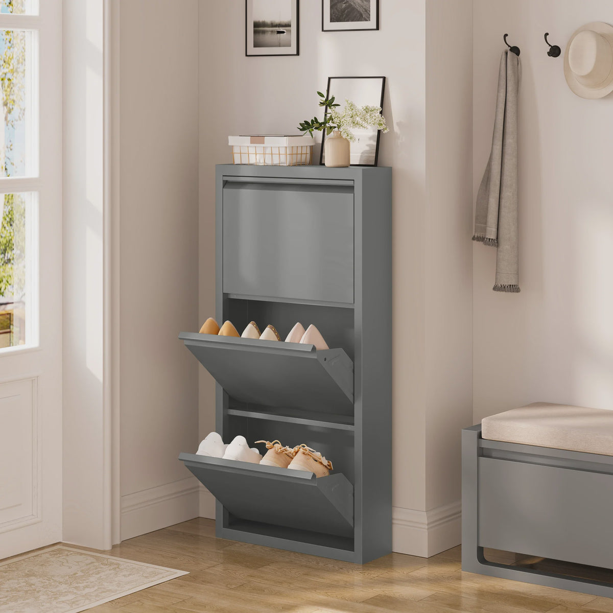 WOLTU Smalle Schoenenkast met 3 Klepkasten - Wit - 50x106x15cm - Hal & Woonkamer