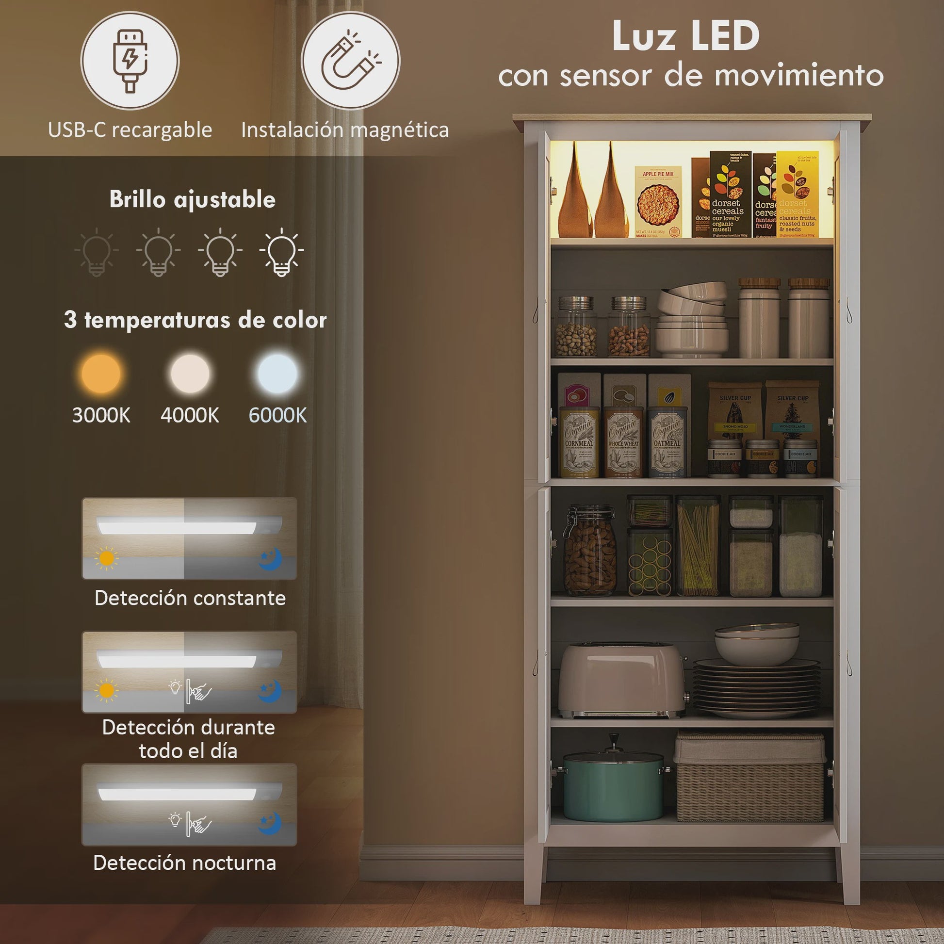 Homcom Hoge Keukenkast met LED Verlichting en Bewegingssensor - 176.5 cm