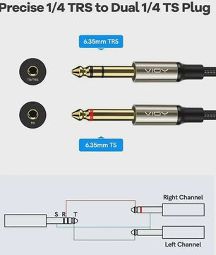 6.35mm TRS naar Dual 6.35mm TS Mono Y-Splitter Audio Kabel - Verliesvrije Signaaloverdracht