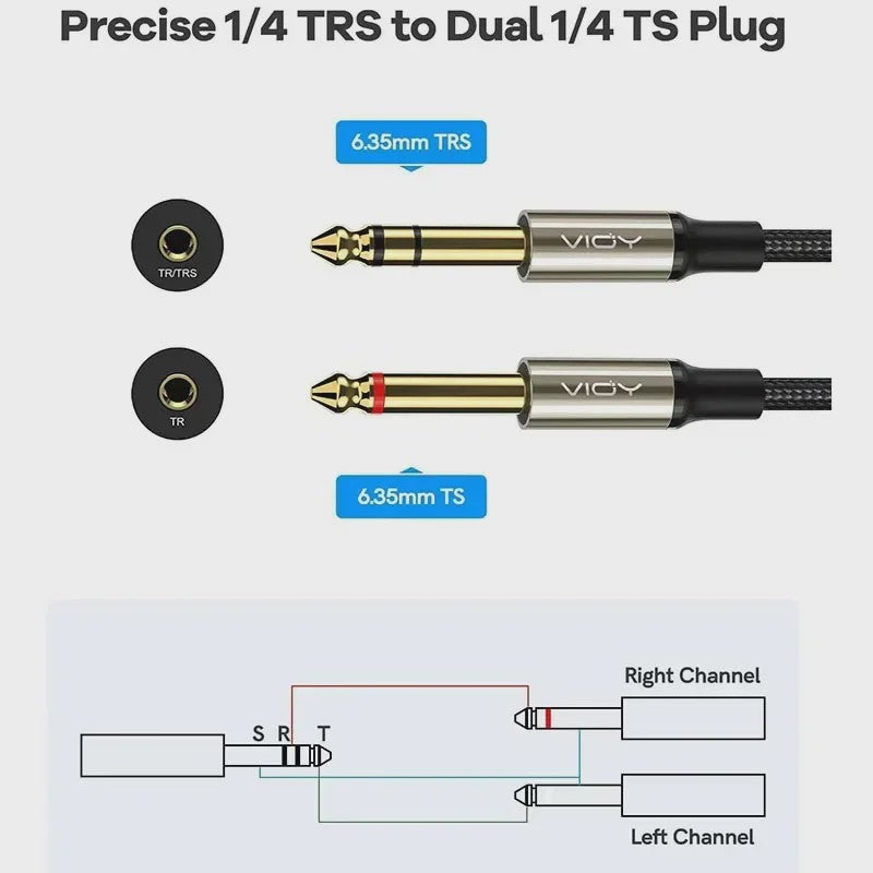 6.35mm TRS naar Dual 6.35mm TS Mono Y-Splitter Audio Kabel - Verliesvrije Signaaloverdracht