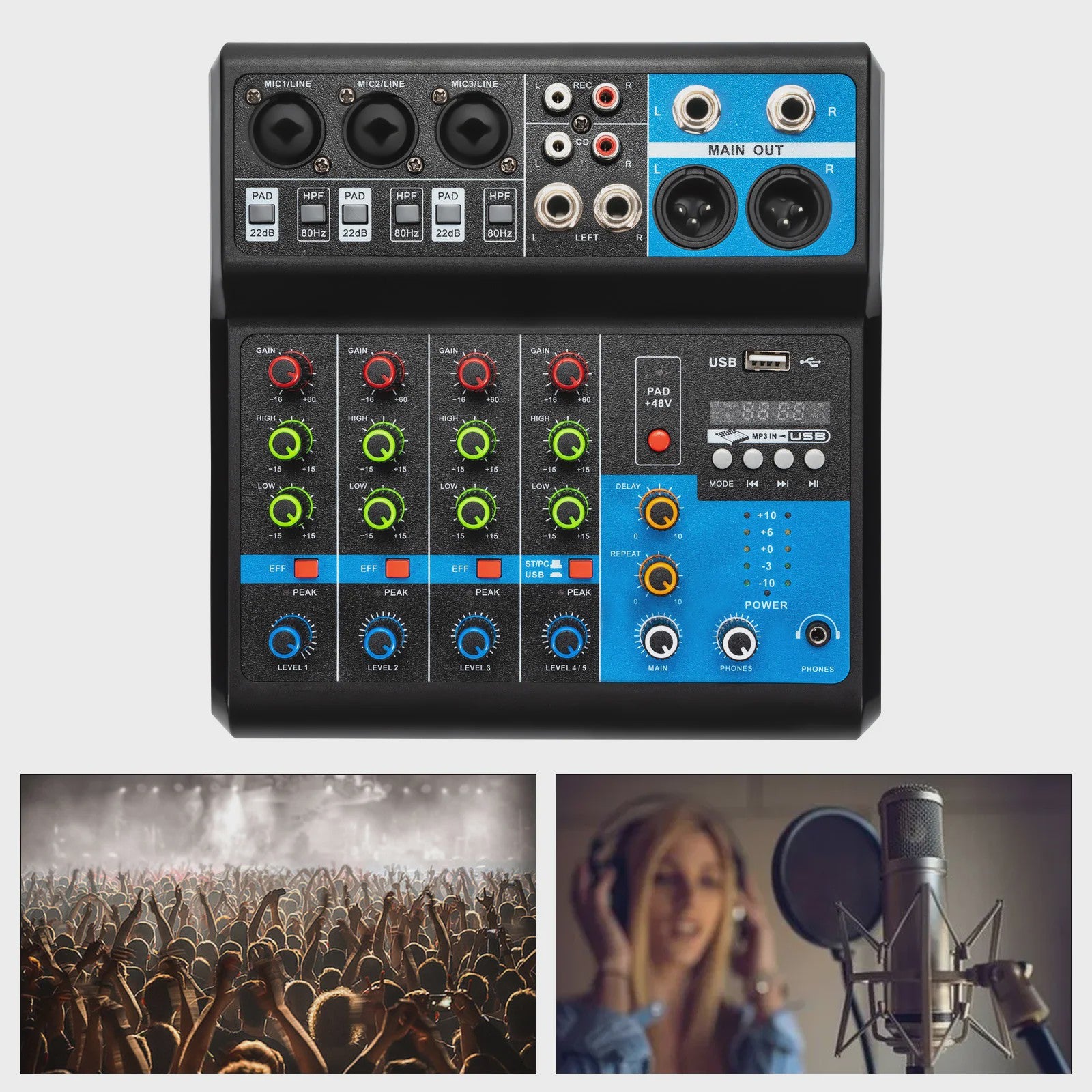 5-Kanaals Audio Mixer met 48V Fantoomvoeding, Bluetooth 5.0 & USB - Professionele Geluidskaart voor Streaming & KTV