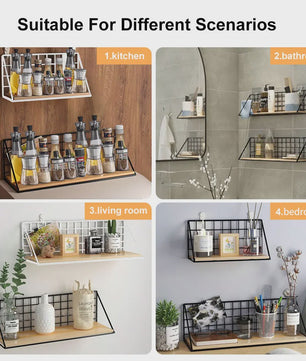 Draadmand Wandplank Set - Zonder Boren - Hout & Metaal - Decoratief & Opbergrek