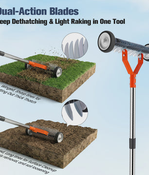 Detachable Lawn Rake With Roller Garden Courtyard Grass Rake Lawn Maintenance Tool With Gloves, 33 Gallons Garbage Bag