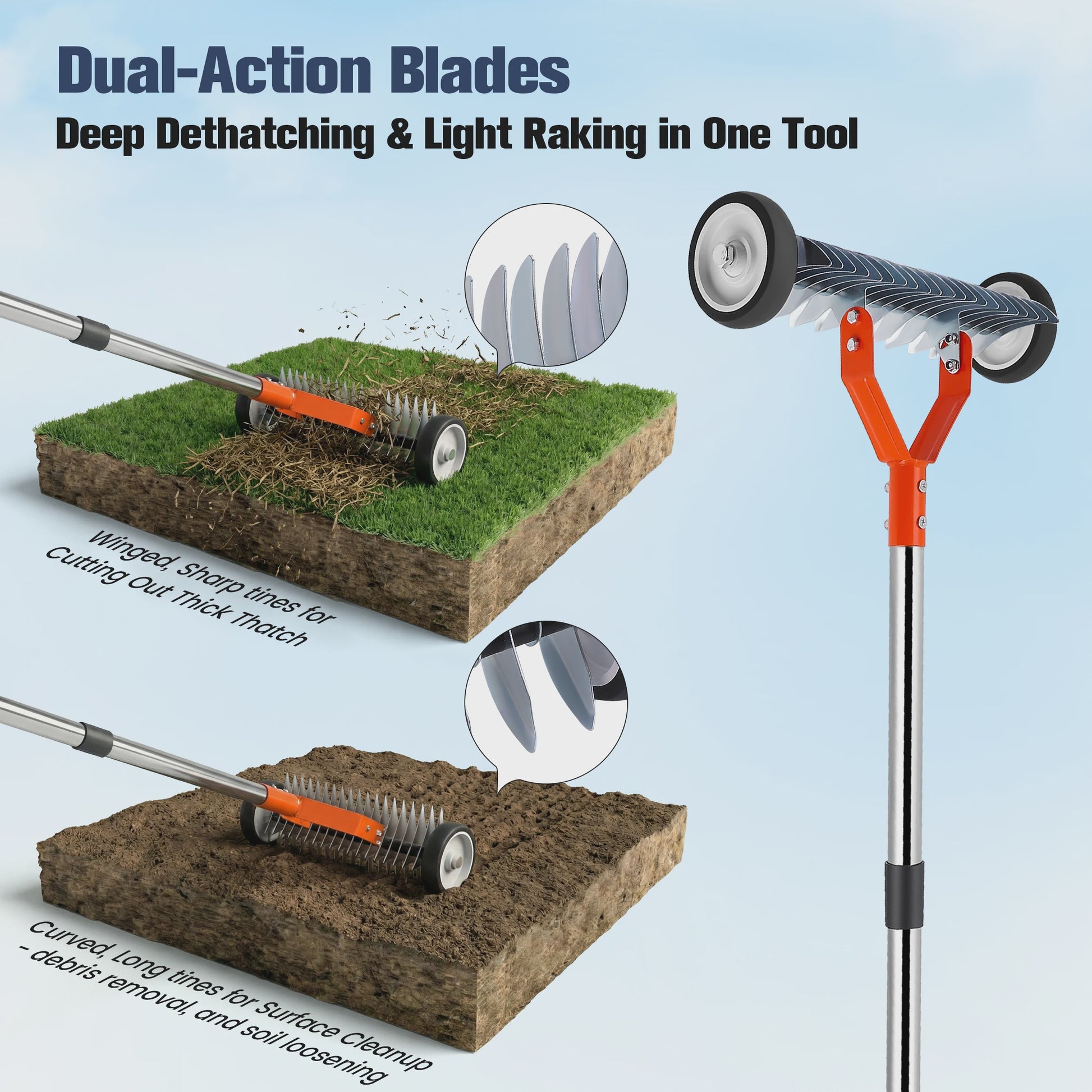 Detachable Lawn Rake With Roller Garden Courtyard Grass Rake Lawn Maintenance Tool With Gloves, 33 Gallons Garbage Bag