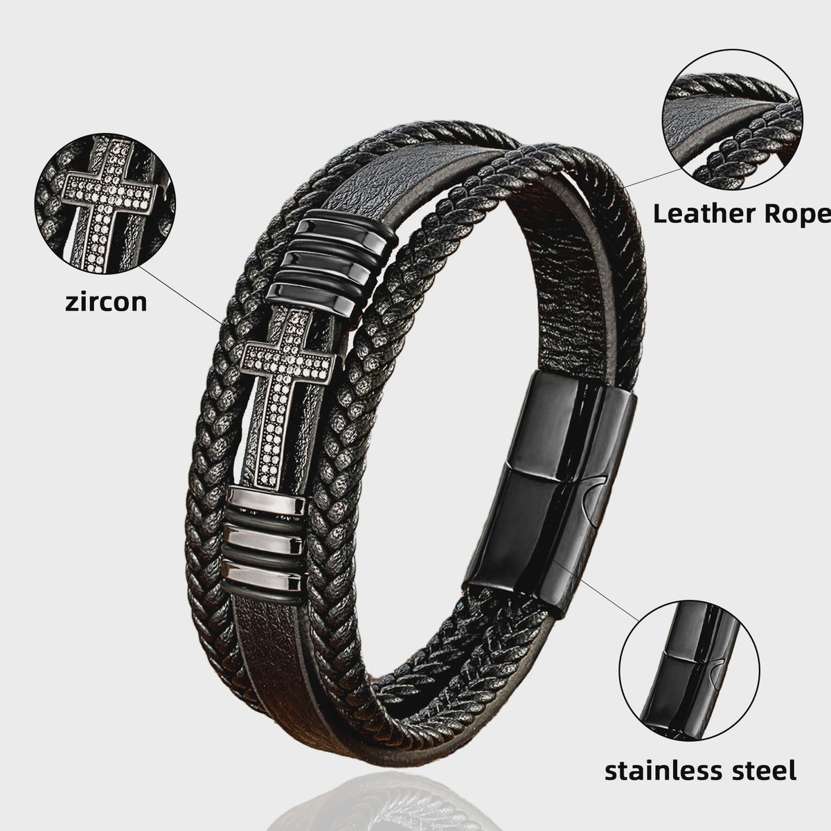 Leren Kruis Armband met Zirkonia - Stijlvol voor Hem en Haar