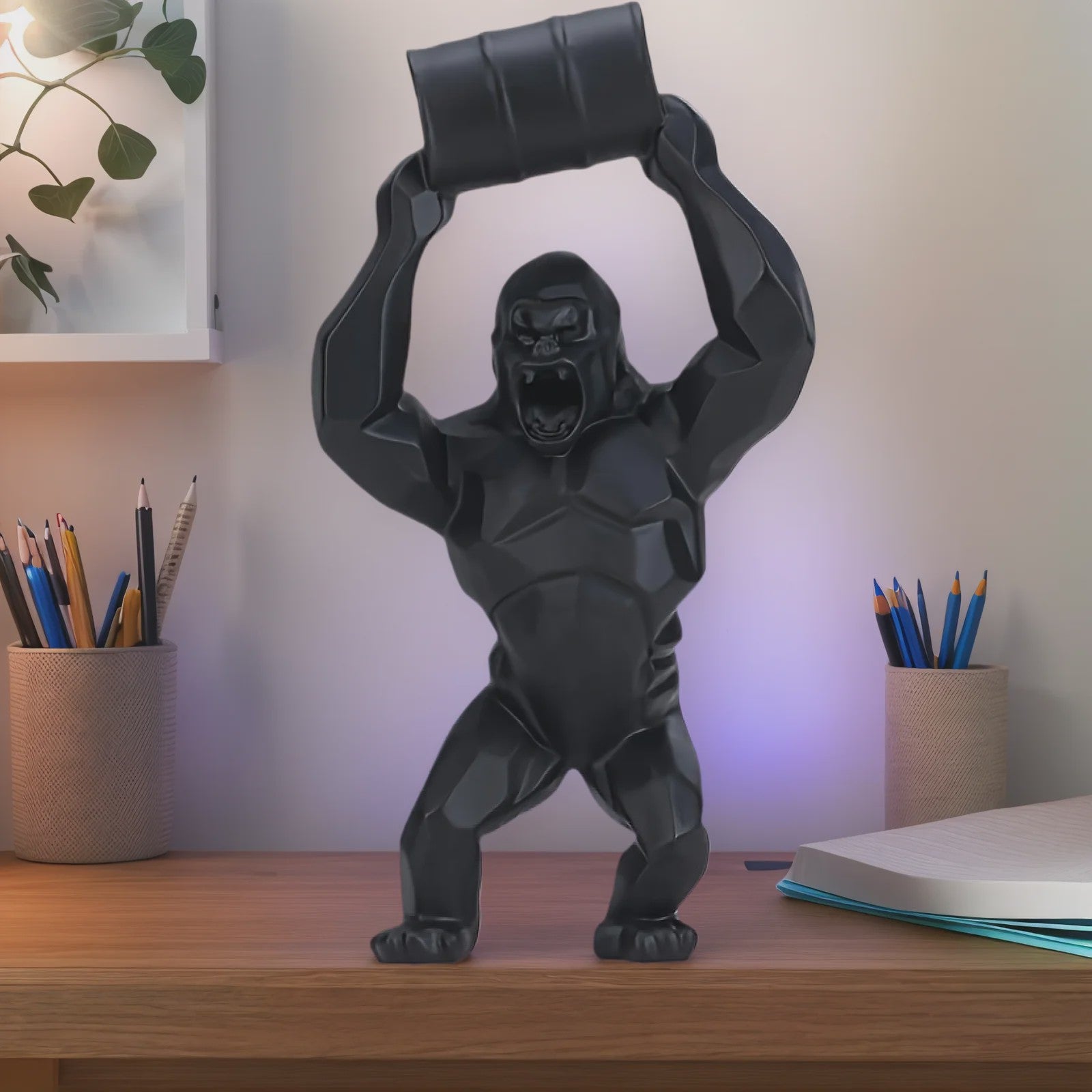 Unieke Gorilla Beeld met Vat - Hars Decoratie voor Woonkamer