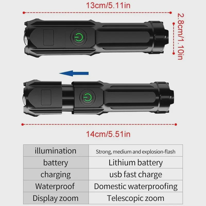 Krachtige Oplaadbare LED Zaklamp - Waterdicht, Zoombaar & USB Oplaadbaar voor Outdoor Avonturen
