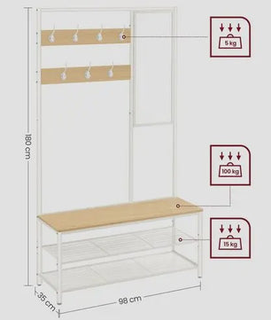Kapstok met Spiegel en Zitbank - 7 Haken, 35x98x180 cm