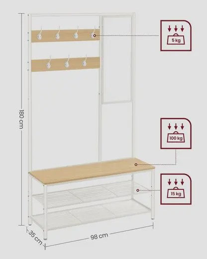 Kapstok met Spiegel en Zitbank - 7 Haken, 35x98x180 cm