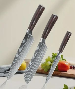 3-delige Keukenmes Set - Damascus Patroon - Hoog Koolstof RVS