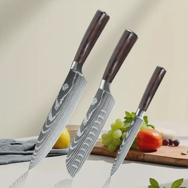 3-delige Keukenmes Set - Damascus Patroon - Hoog Koolstof RVS