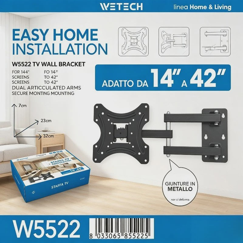 WETECH W5522 TV Wandsteun - Volledig Beweegbaar voor 14-42 Inch TV's, Max 50kg, VESA 50-100
