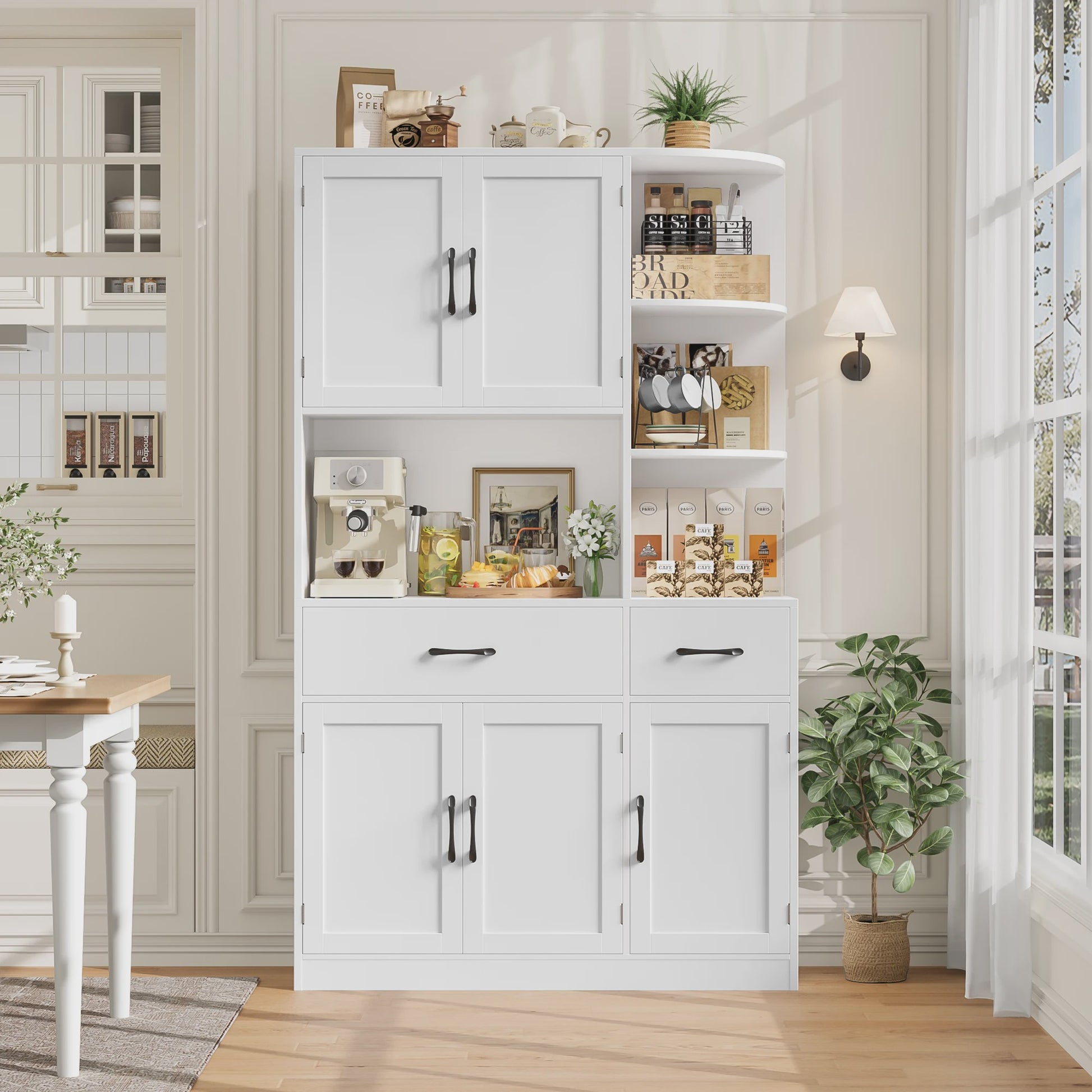 Witte Keuken Buffetkast met 5 Deuren, 2 Lades en Hoekplanken - Stijlvolle Opbergkast