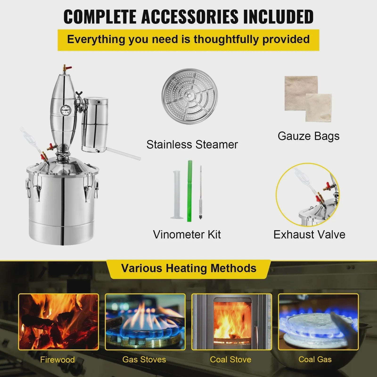 VEVOR Roestvrij Staal Alcohol Distilleerder Kit - 20L/30L/50L/70L - Voor Wijn, Bier & Moonshine