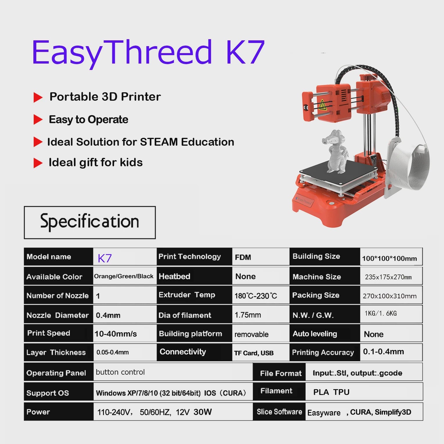 Easythreed K7 Mini FDM 3D Printer - Compact, Stil & Ideaal voor Beginners