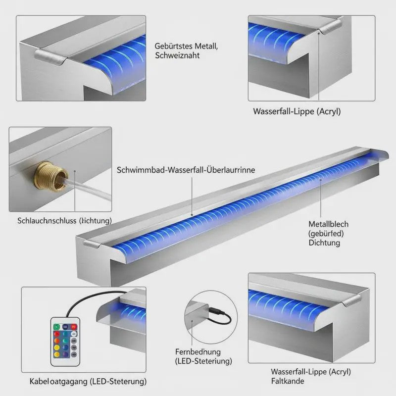 RVS Zwembad Waterval Overloopput met Kleurrijke LED Strip - 120 cm