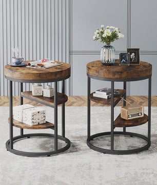 Industriële Ronde Bijzettafel met 3 Opbergplanken - Perfect voor Kleine Ruimtes