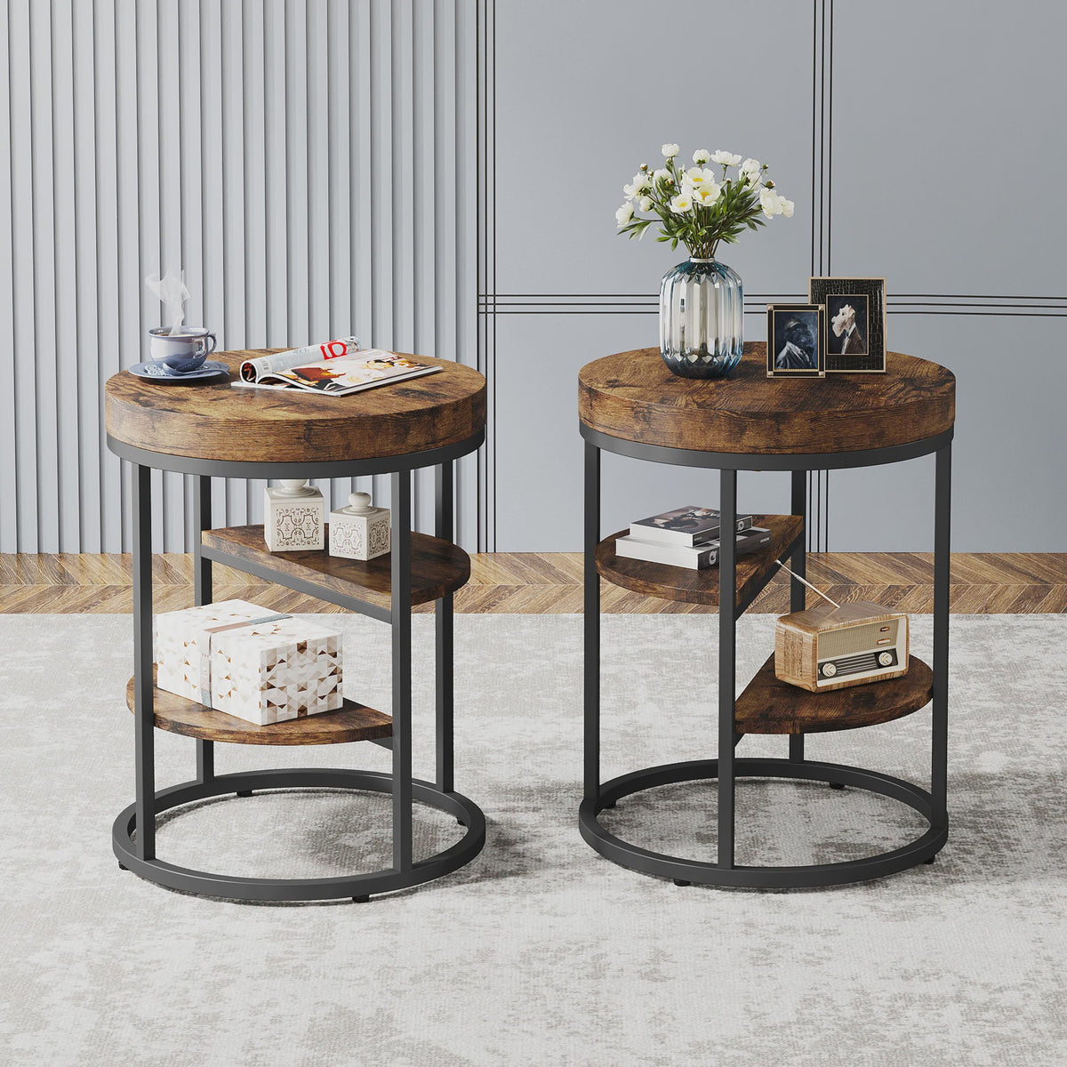 Industriële Ronde Bijzettafel met 3 Opbergplanken - Perfect voor Kleine Ruimtes
