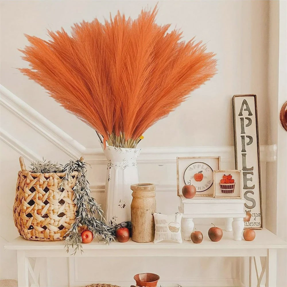 Set van 5, 10 of 20 Oranje Kunst Pampasgras Takken - 55cm Hoge Pluche Decoratie