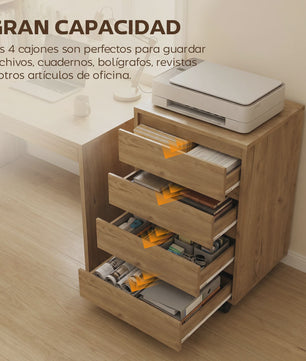 Mobiele Ladekast met 4 Lades - Bureau Ladekast op Wielen - 46x40x65 cm - Bruin