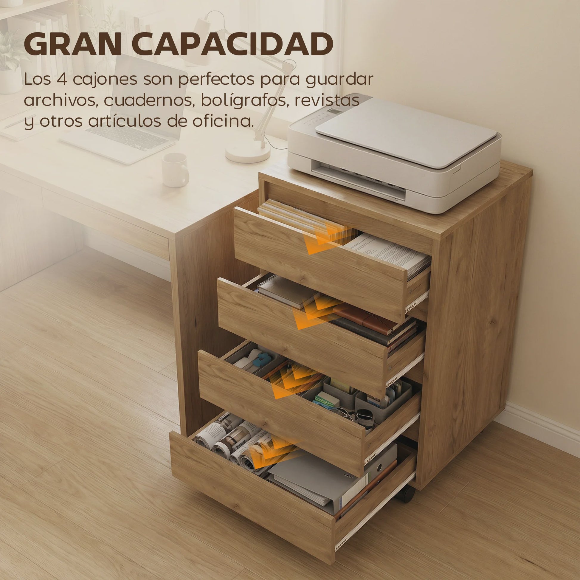 Mobiele Ladekast met 4 Lades - Bureau Ladekast op Wielen - 46x40x65 cm - Bruin