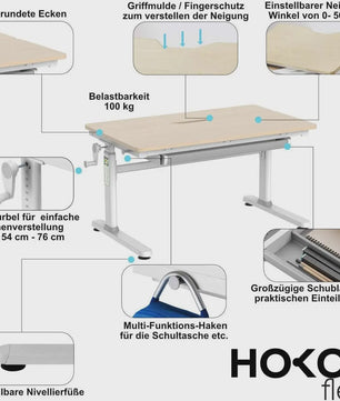 HOKO Kinderbureau In Hoogte Verstelbaar met Kantelbaar Blad en Boekhouder