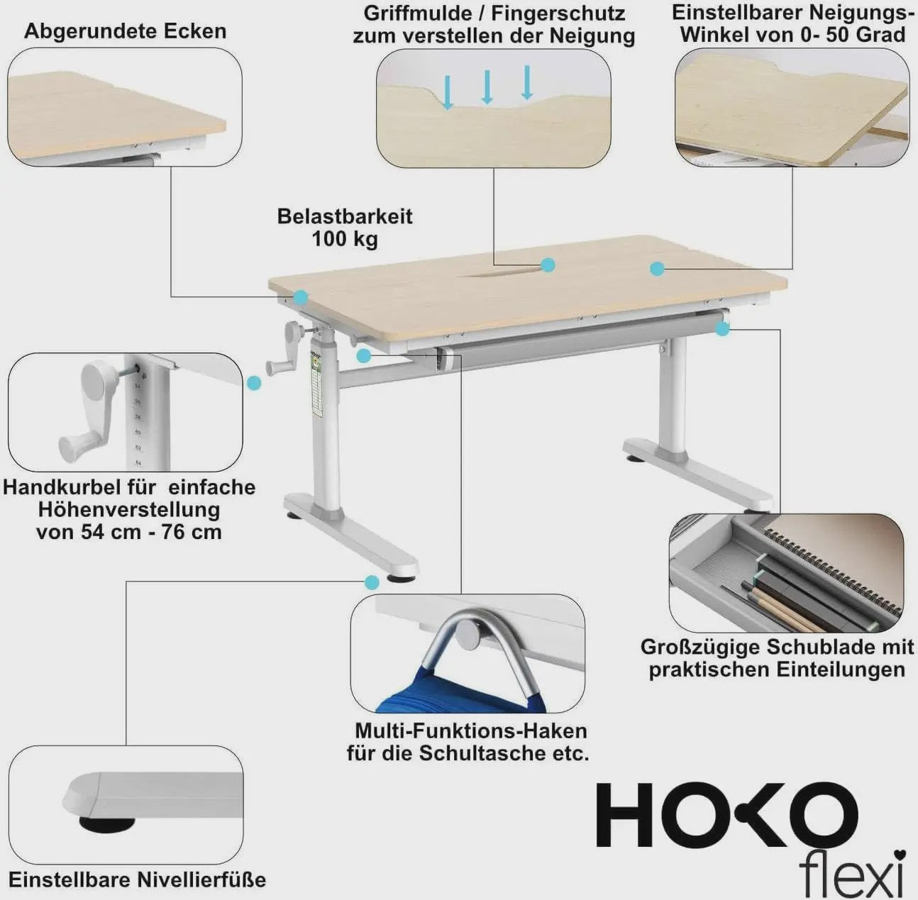 HOKO Kinderbureau In Hoogte Verstelbaar met Kantelbaar Blad en Boekhouder