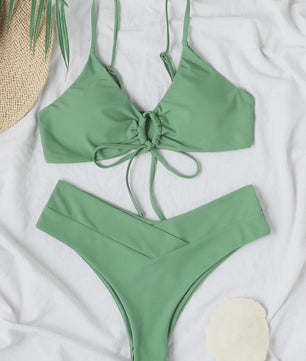 Dames Bikini Set Zomer 2025 - Hoge Elasticiteit, Kant-up Stijl, Effen Kleur