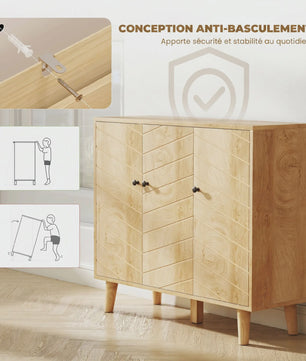 HOMCOM Buffetkast met 3 Deuren, Visgraatmotief en Houten Poten - Natuurlijk Hout, 88x30x76cm