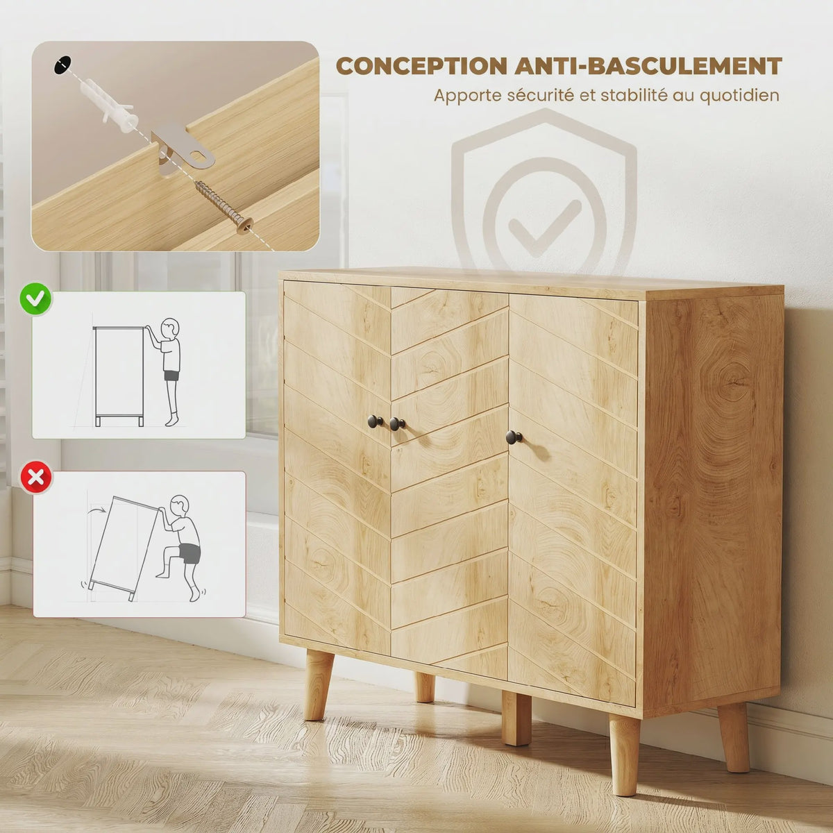 HOMCOM Buffetkast met 3 Deuren, Visgraatmotief en Houten Poten - Natuurlijk Hout, 88x30x76cm