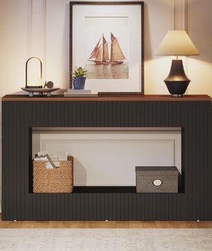 Moderne Console Tafel 140 cm Zwart met Houten Top - Stijlvolle Entree- en Banktafel