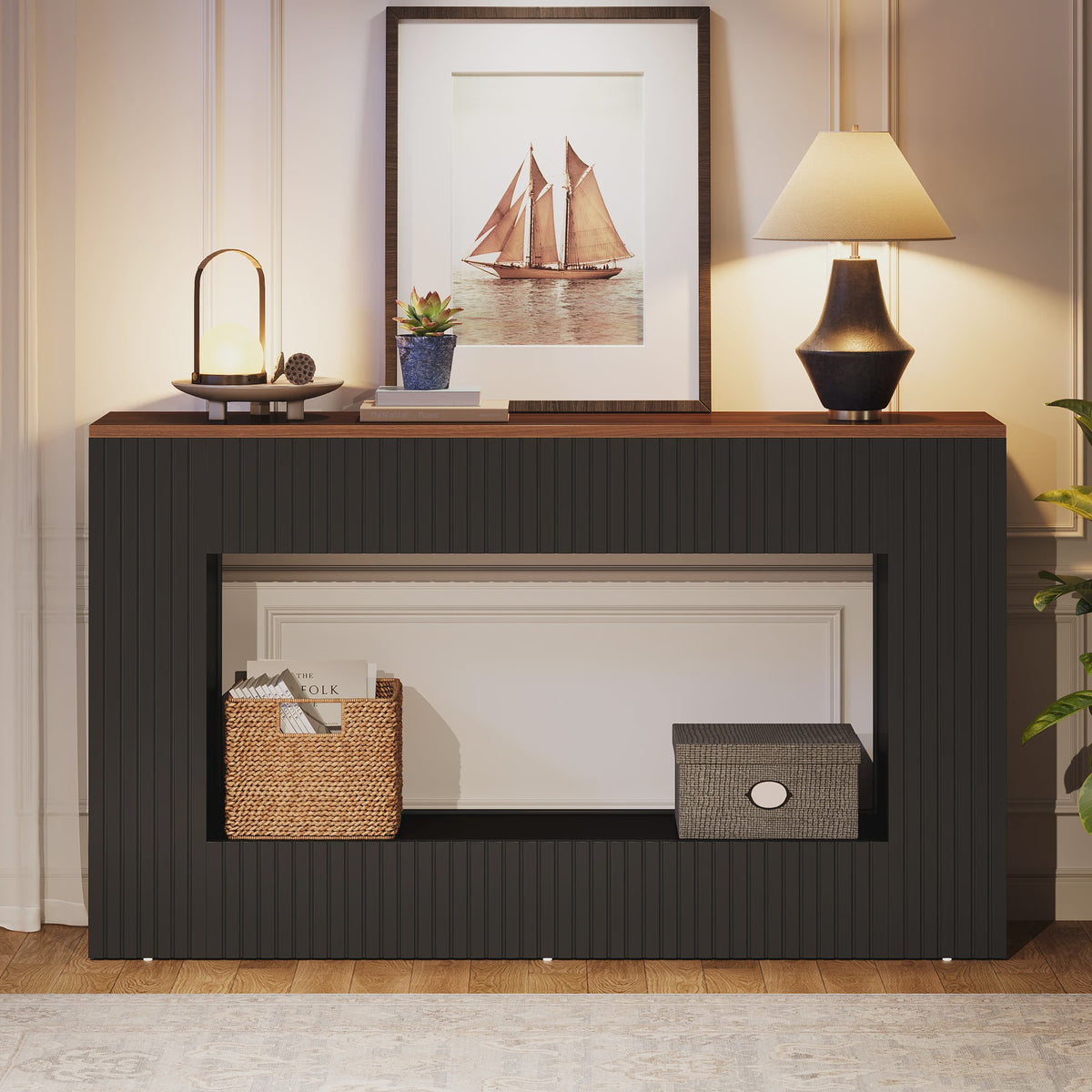 Moderne Console Tafel 140 cm Zwart met Houten Top - Stijlvolle Entree- en Banktafel