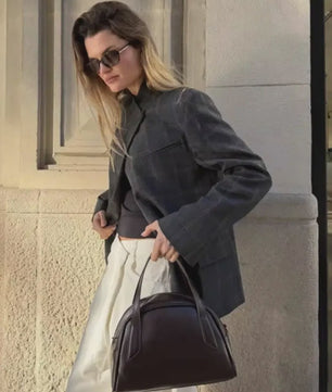 Chique Geruite Blazer Jas met Opstaande Kraag - Dames Casual Chic