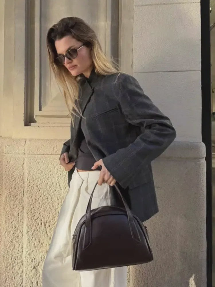 Chique Geruite Blazer Jas met Opstaande Kraag - Dames Casual Chic