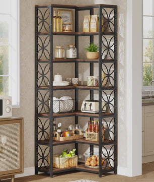 L-Vormige Hoek Boekenkast 7-Laags - 79 Inch Hout & Metaal - Vrijstaand