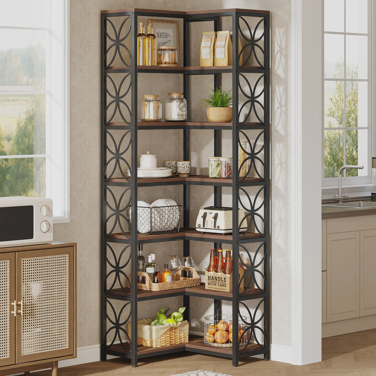 L-Vormige Hoek Boekenkast 7-Laags - 79 Inch Hout & Metaal - Vrijstaand