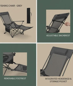 Luxe Verstelbare Campingstoel met Afneembare Voetensteun - Grijs