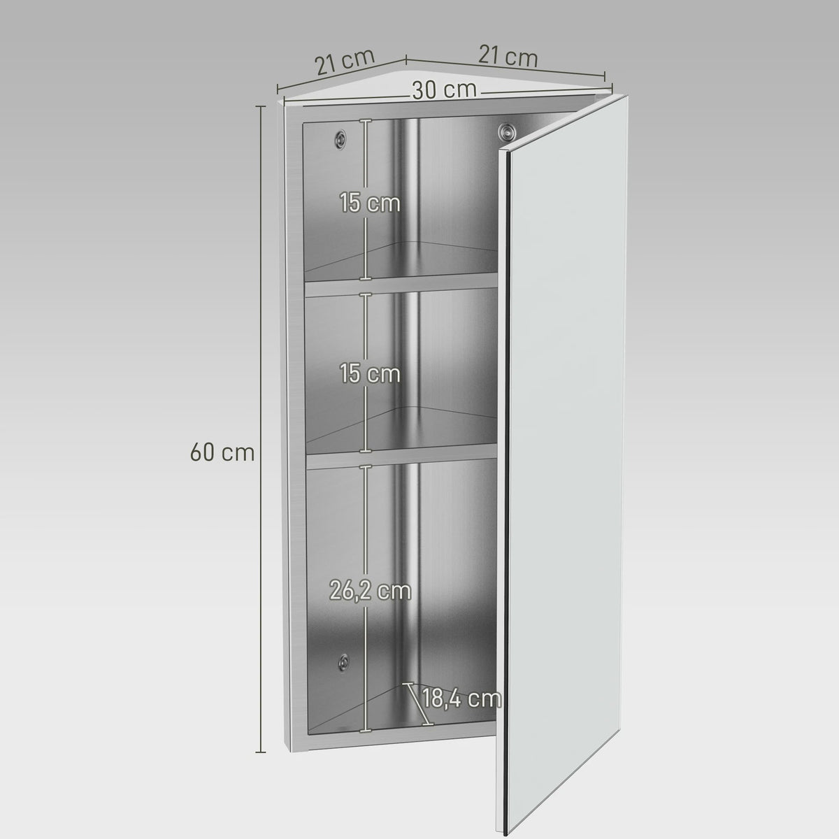 Hoekspiegelkast Badkamer - RVS Wandkast met 2 Legplanken - 30x18.4x60 cm
