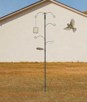 Voederpaal Vogelhuisje met 4 Haken - 190 cm Hoog - Zwaar Staal - Inclusief Voerbak & Waterbak