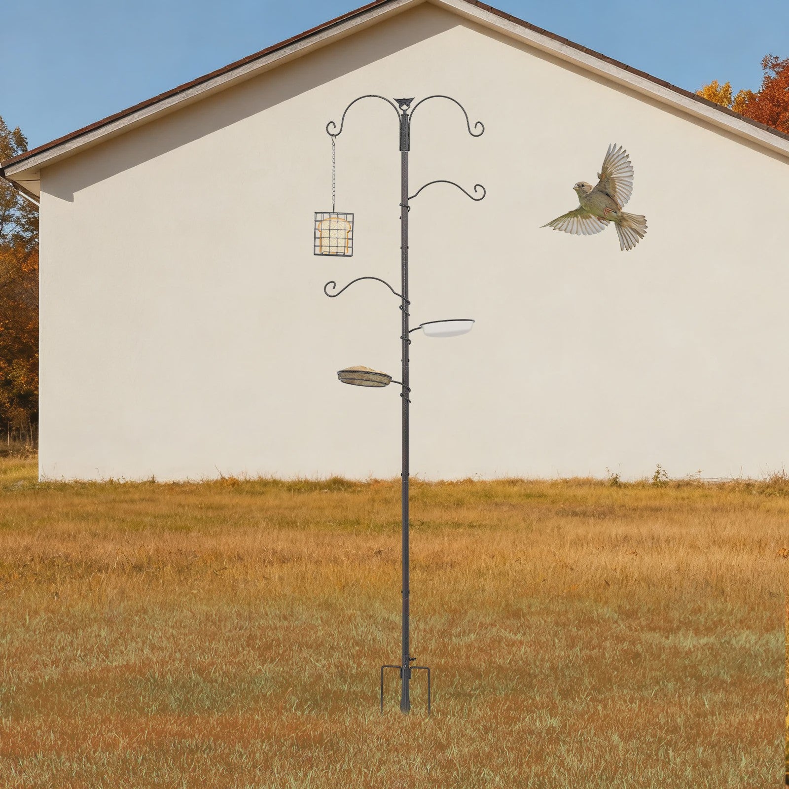 Voederpaal Vogelhuisje met 4 Haken - 190 cm Hoog - Zwaar Staal - Inclusief Voerbak & Waterbak