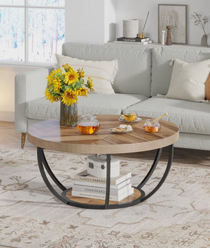 Industriële Ronde Salontafel 80cm met 2 Lagen Opslag - Modern Hout & Metaal