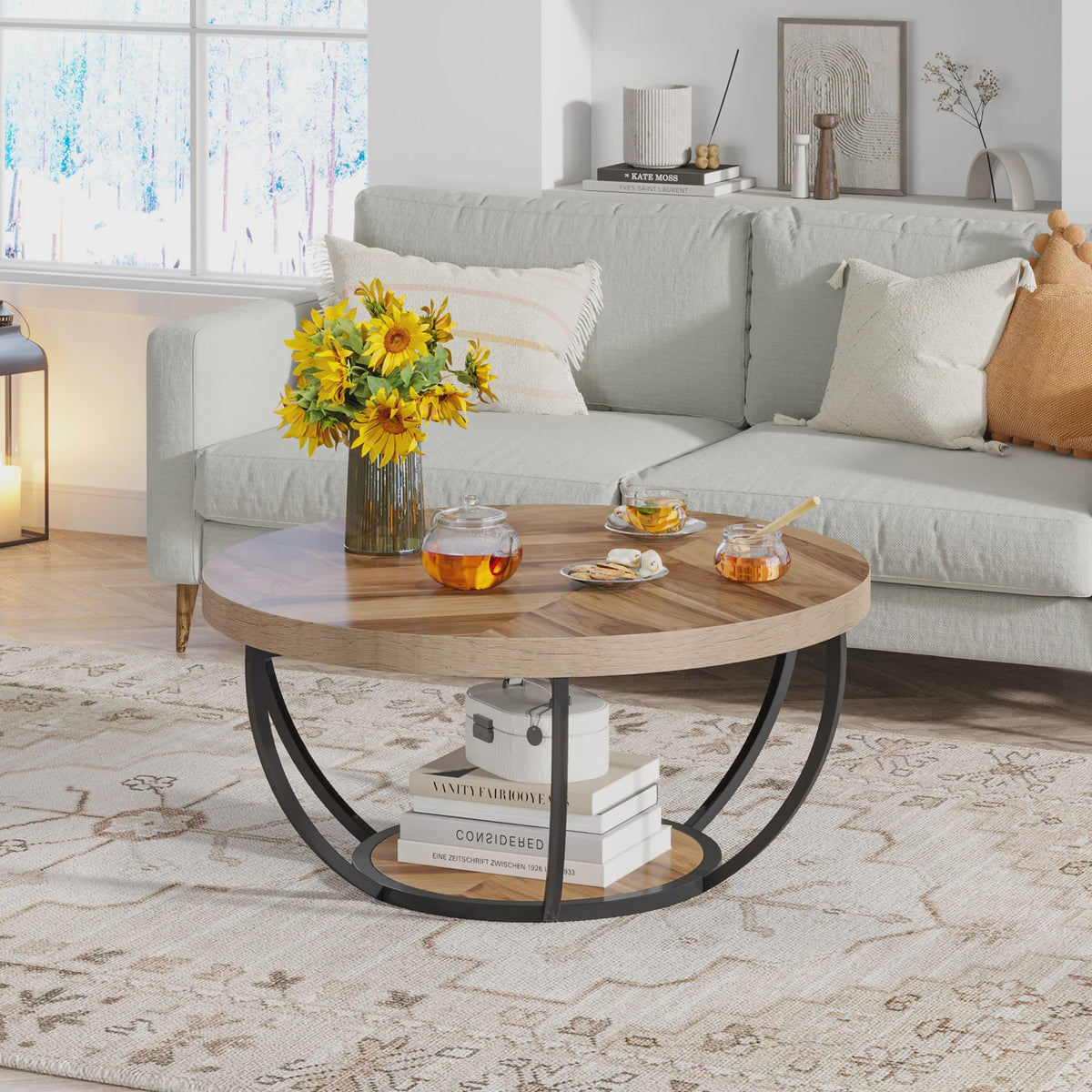 Industriële Ronde Salontafel 80cm met 2 Lagen Opslag - Modern Hout & Metaal